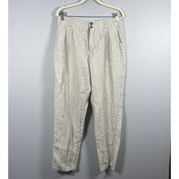 Garnet Hill Women's Straight Leg Linen Trouser Pants Tan White Striped Size 8 - Picture 1 of 8